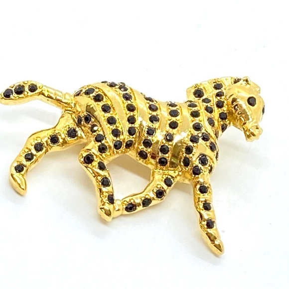 MONET Gold Tone Black Rhinestone Zebra Brooch Lapel Pin Signed Vintage - Picture 1 of 7